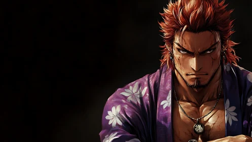 Anime warrior portrait in dramatic chiaroscuro composition.