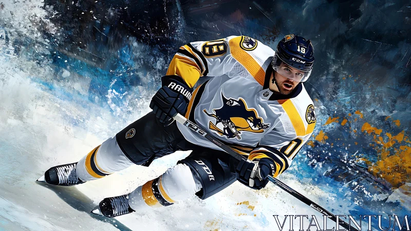 Hockey forward carves icy spray in dynamic digital motion.