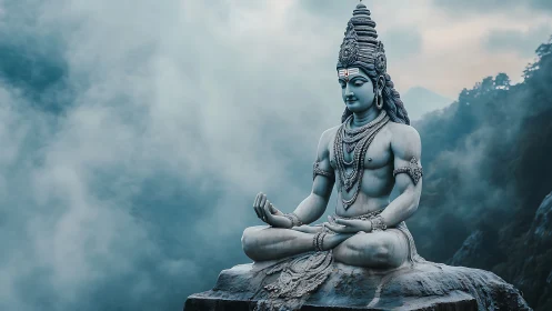 Serene mountain deity statue sits in silent blue morning mist