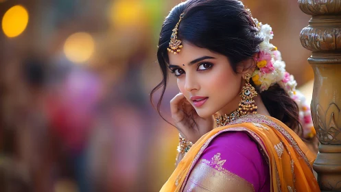 Ornate South Asian bridal portrait with shallow bokeh optics.