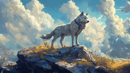 Wind-sculpted white wolf surveying stratocumulus skyline.