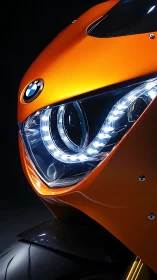 Radiant orange sport bike headlight glowing in the dark.