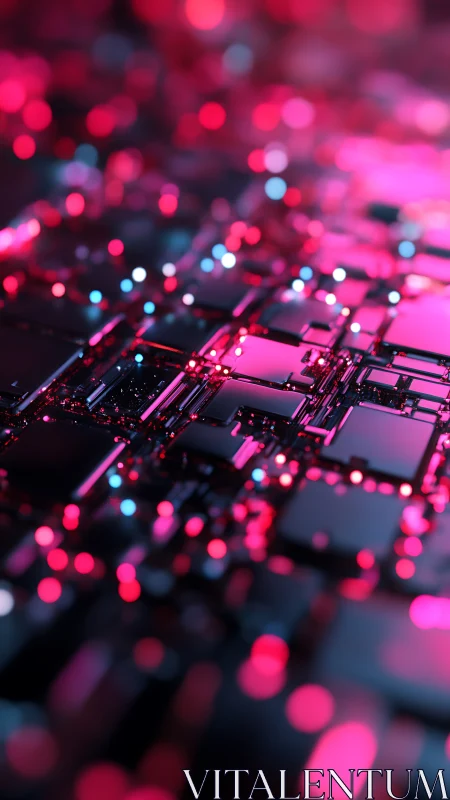 Granular neon circuitry matrix under shallow DOF illumination.