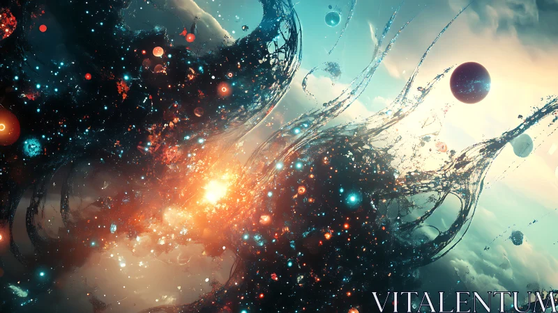 Cosmic tides of light erupt across a luminous nebula sky