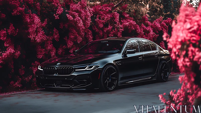 Black BMW sports sedan framed by vivid magenta blossoms.