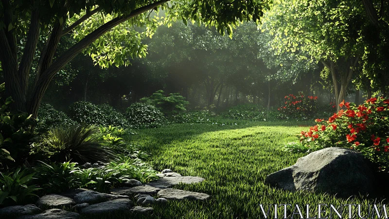 Sunlit forest garden with stone path and vibrant foliage.