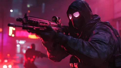 Masked tactical figure aiming rifle in neon urban setting.