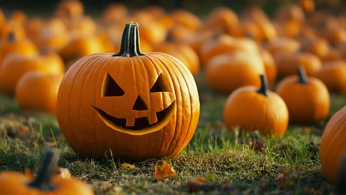 Grinning pumpkin ringleader amid sunlit Halloween patch.