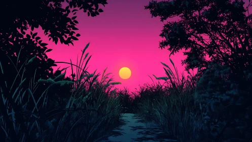 Sunset glows behind silhouetted foliage along narrow path