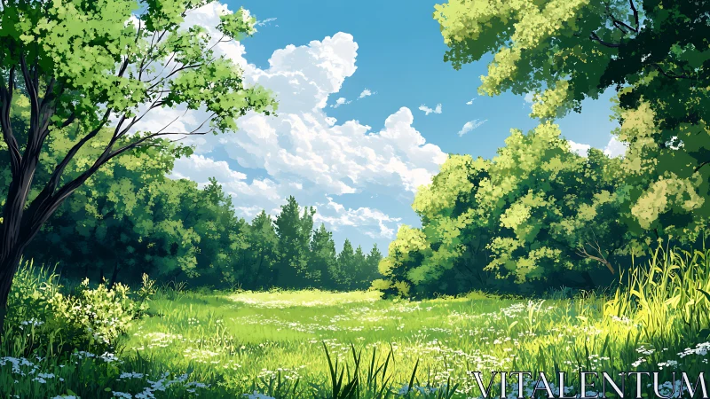 Sunlit meadow escape with soft clouds and gentle greenery.