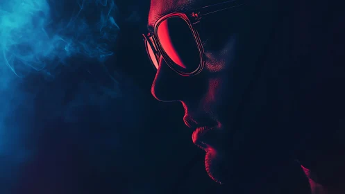 Side profile with sunglasses in red and blue neon light.