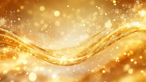 Shimmering Gold Wave Abstract Background with Sparkling Light Effects.