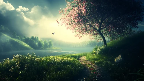 Soft morning light along a lakeside blossom path.