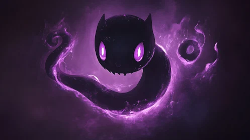 Shadow-slick ghost cat curls into a glowing violet grin
