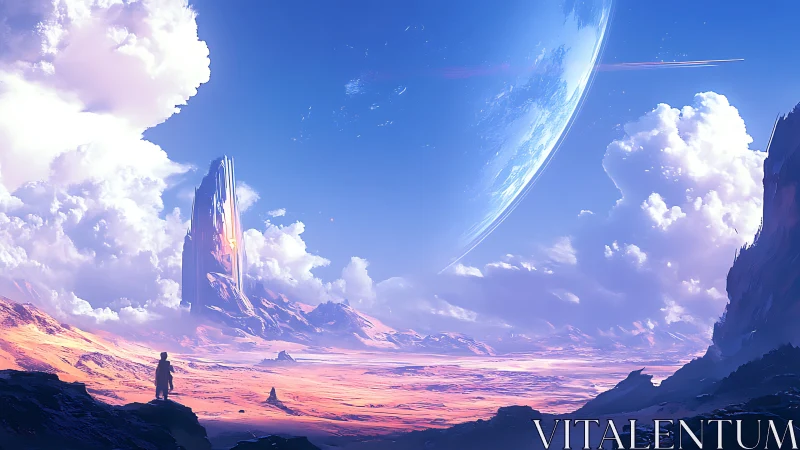 Digital painting of alien desert vista with ringed planet.