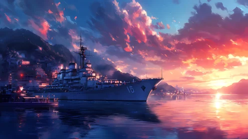 Warship cuts harbor horizon under blazing sunset sky.