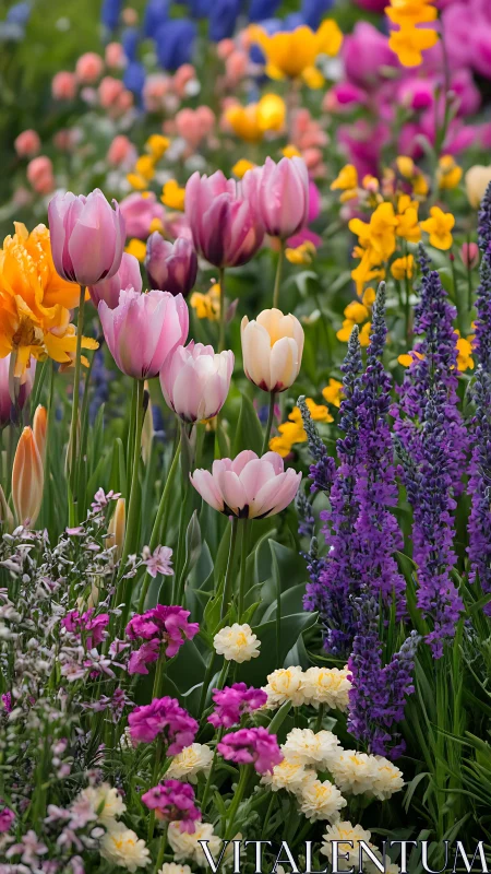 Vibrant spring garden bursts with colorful blooms.