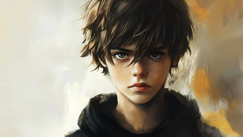 Storm-eyed boy stares down silence in painterly half-light.