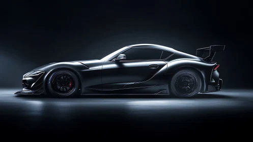 Sleek black sports car glowing softly in dramatic studio light.