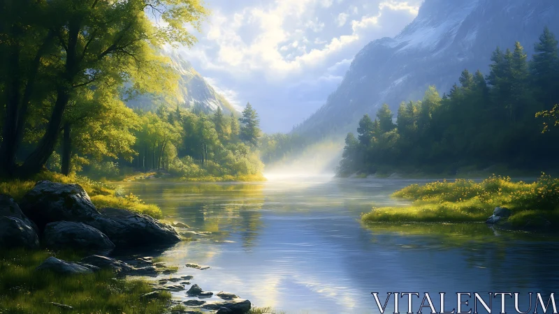 High dynamic range river valley with volumetric morning mist