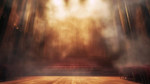 Empty theater stage with mist and warm spotlight glow.