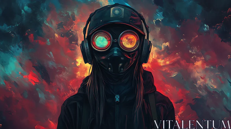 Cyberpunk figure with gas mask and neon inferno backdrop.