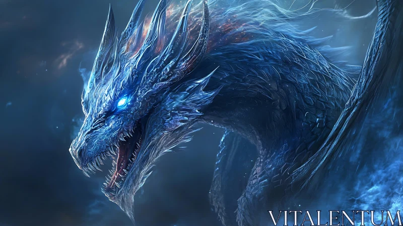 Majestic ice dragon roars with glowing eyes in swirling mist