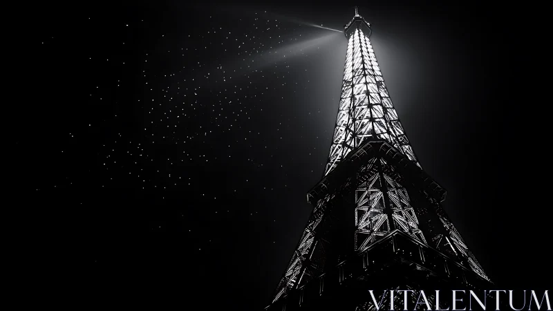 Illuminated Eiffel Tower in stark black and white night sky
