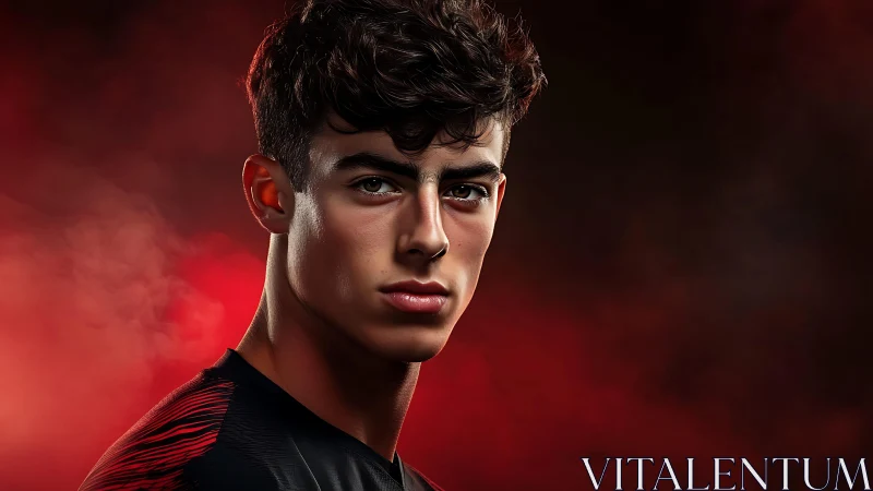 Intense young athlete portrait under dramatic red light.