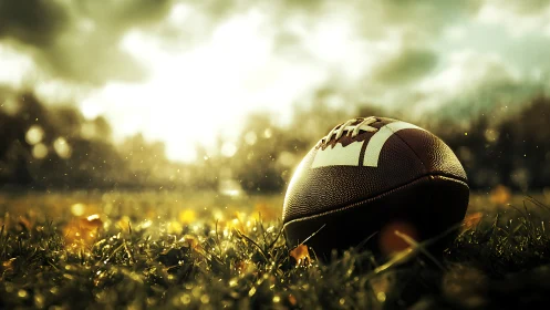 American football on grass field under low evening light.