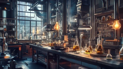 Alchemist’s steelwork lab glowing with amber experiment light.