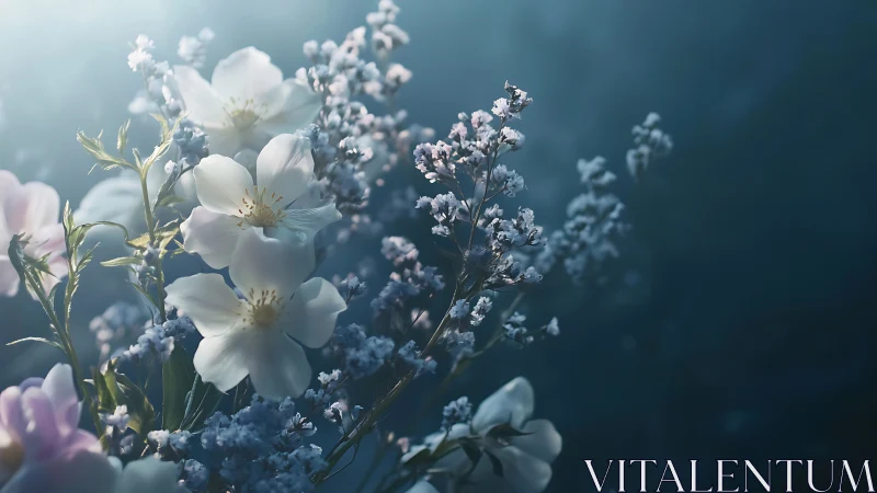 White Flowers Against Blue Gradient Background.