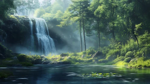 Cascading Waterfall Through Verdant Forest with Golden Luminescence.