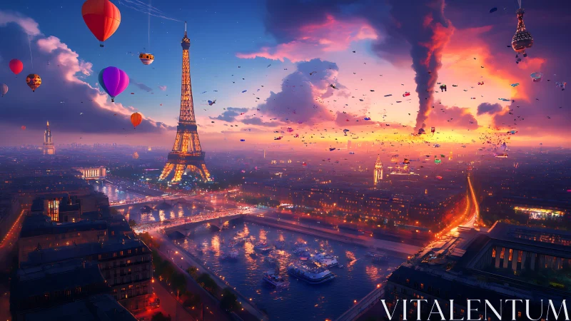 Surreal Paris skyline with Eiffel Tower and hot air balloons
