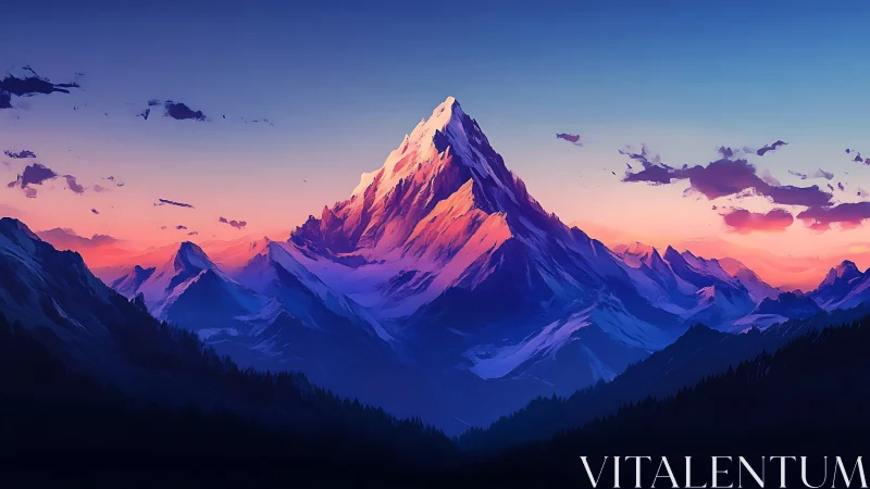 Alpenglow illuminates a stylized alpine peak at dusk