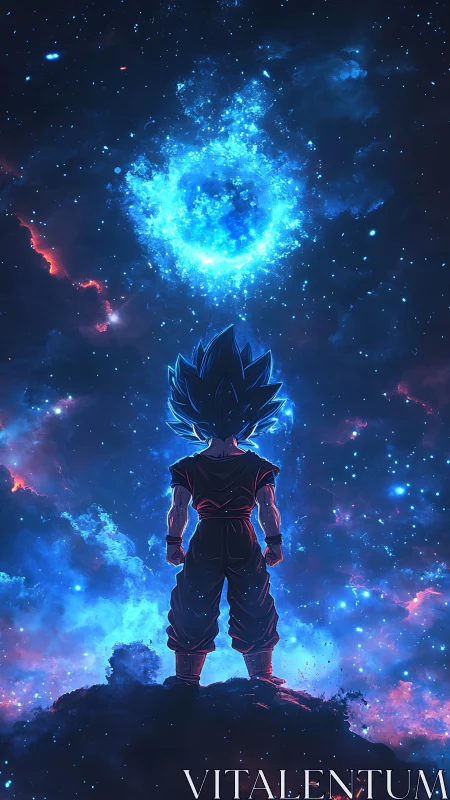 Silhouetted blue haired figure observing luminous cosmic vortex.