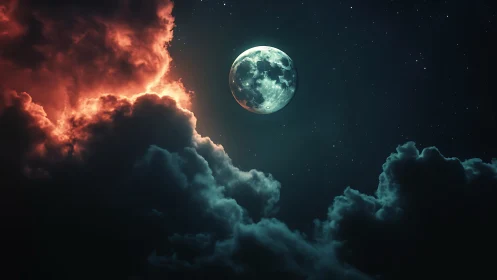 Full moon over contrasting red and blue illuminated clouds.