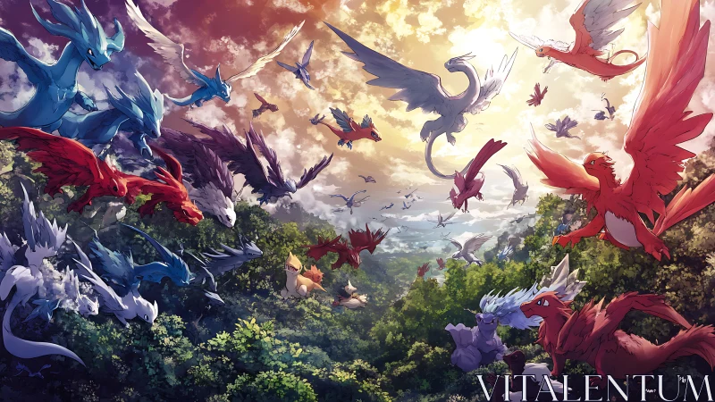 Winged creatures converge above forested valley at sunset