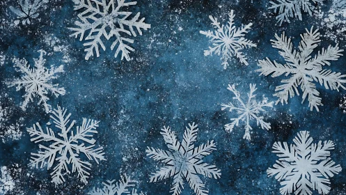 White paper snowflakes on textured blue winter background.