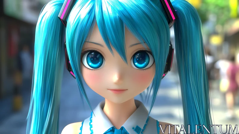 Hyperreal anime girl portrait with teal pigtails and headphones