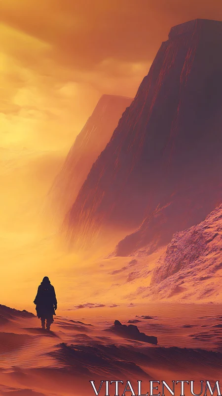 Solitary figure crossing vast sunlit desert canyon.