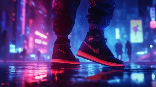 Neon city sneakers catching the glow of a rainy night.