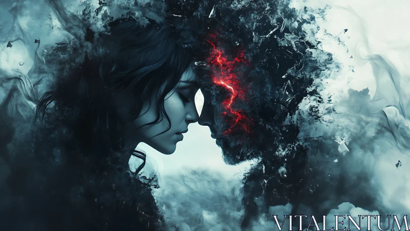 Woman's Profile Dissolving Into Cosmic Darkness and Fiery Light