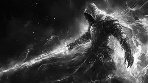 Hooded wraith summons spectral sword in swirling smoke storm