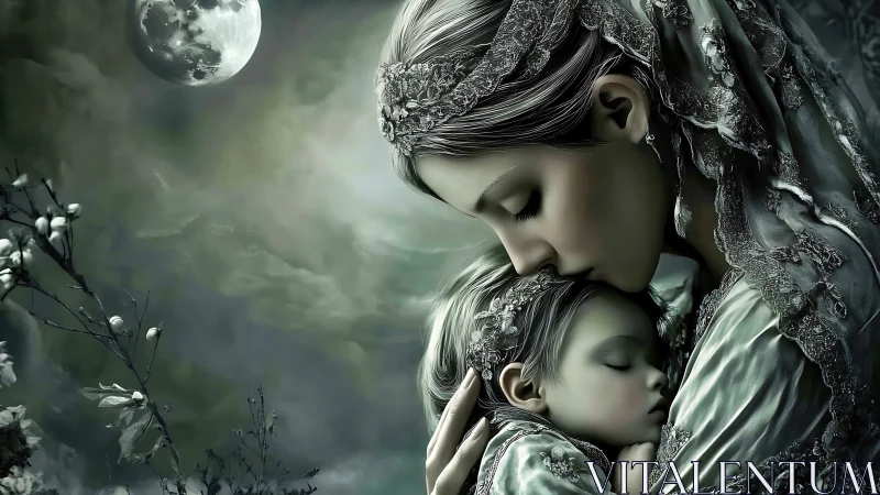 Monochromatic digital rendering depicts two figures in ornate medieval garments