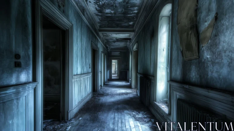 Decayed blue corridor in abandoned building interior.