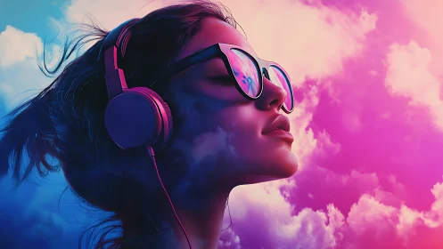 Dreamy headphones moment drifts through neon colored clouds