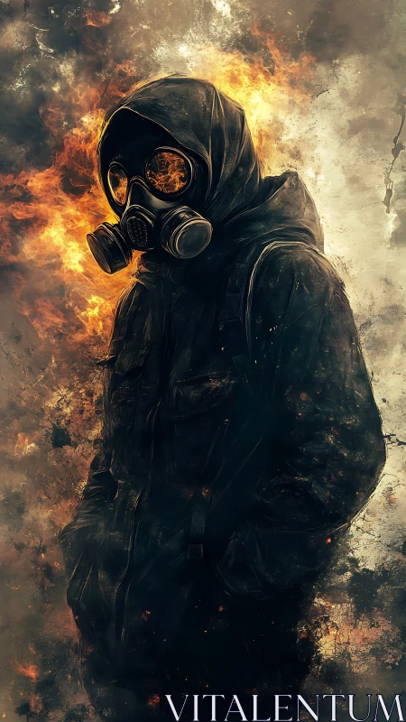 Lone wanderer in a gas mask walks calmly through the flames