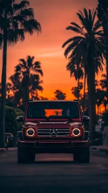 Red Mercedes G-Class SUV drives under palm trees at sunset
