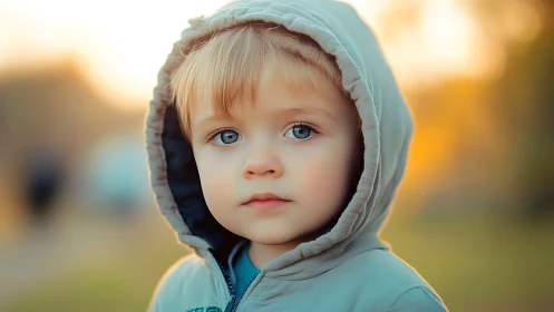 Young Child Portrait with Soft Blue Hood in Warm Golden Hour Lighting